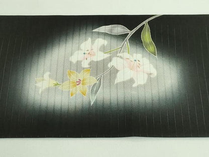 平和屋着物＊極上 夏物 九寸名古屋帯 友禅 枝花文 百合 黒地 逸品 DZAA9702kh5