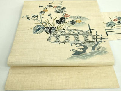 平和屋着物＊極上 夏物 九寸名古屋帯 型染 籬立波花文 葵 麻 逸品 DZAA9706kh5
