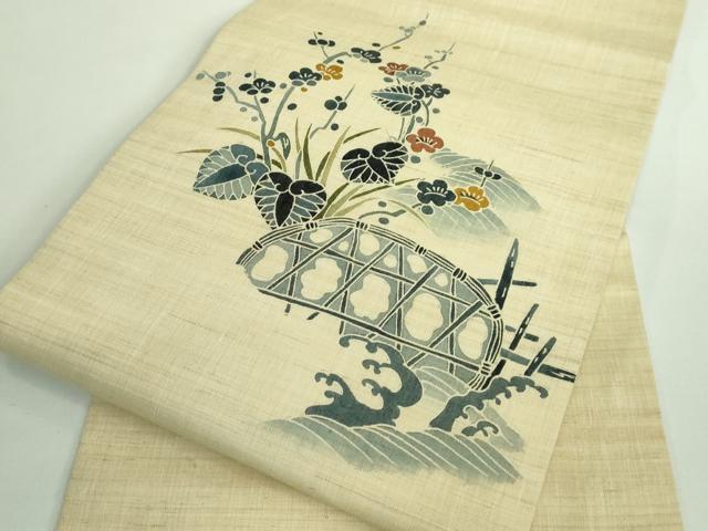 平和屋着物＊極上 夏物 九寸名古屋帯 型染 籬立波花文 葵 麻 逸品 DZAA9706kh5
