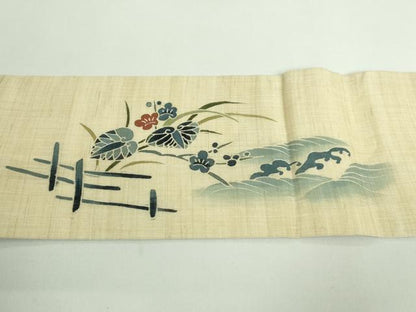 平和屋着物＊極上 夏物 九寸名古屋帯 型染 籬立波花文 葵 麻 逸品 DZAA9706kh5