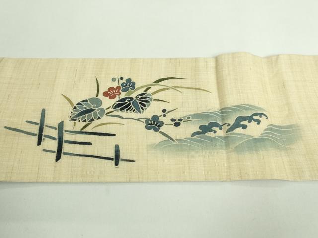 平和屋着物＊極上 夏物 九寸名古屋帯 型染 籬立波花文 葵 麻 逸品 DZAA9706kh5