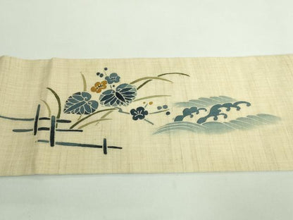 平和屋着物＊極上 夏物 九寸名古屋帯 型染 籬立波花文 葵 麻 逸品 DZAA9706kh5