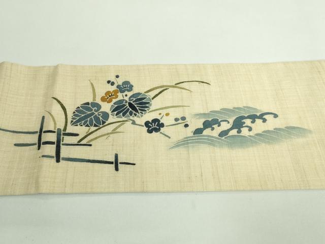 平和屋着物＊極上 夏物 九寸名古屋帯 型染 籬立波花文 葵 麻 逸品 DZAA9706kh5