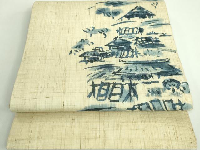 平和屋着物＊極上 夏物 九寸開き名古屋帯 藍 風景文 麻 逸品 DZAA9707kh5