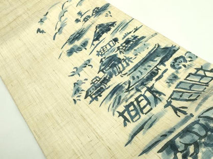 平和屋着物＊極上 夏物 九寸開き名古屋帯 藍 風景文 麻 逸品 DZAA9707kh5
