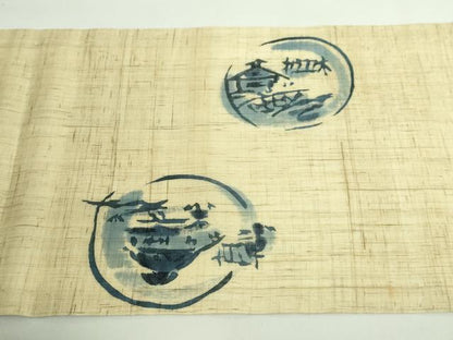 平和屋着物＊極上 夏物 九寸開き名古屋帯 藍 風景文 麻 逸品 DZAA9707kh5