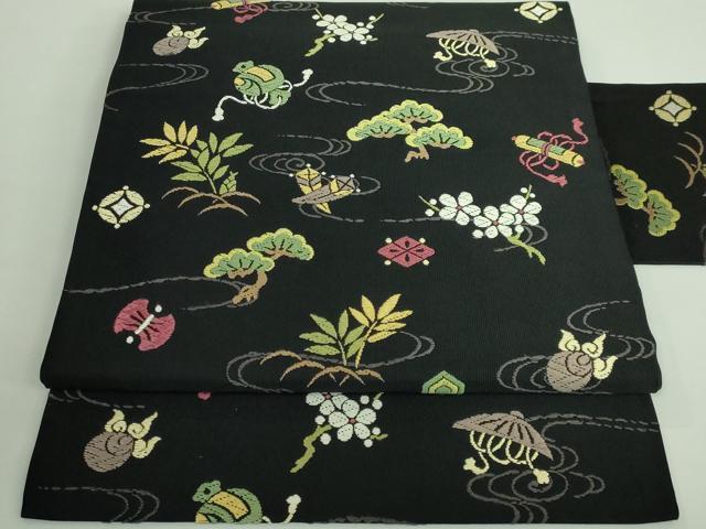 平和屋着物■極上　九寸名古屋帯　唐織　宝尽くし花文　黒地　逸品　DZAA9713kh5