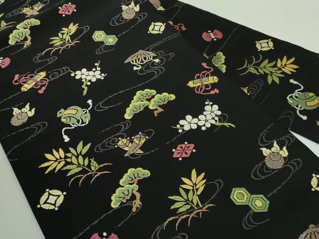 平和屋着物■極上　九寸名古屋帯　唐織　宝尽くし花文　黒地　逸品　DZAA9713kh5