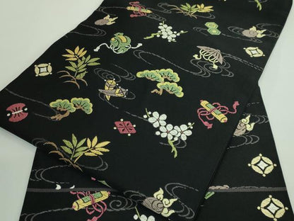 平和屋着物■極上　九寸名古屋帯　唐織　宝尽くし花文　黒地　逸品　DZAA9713kh5