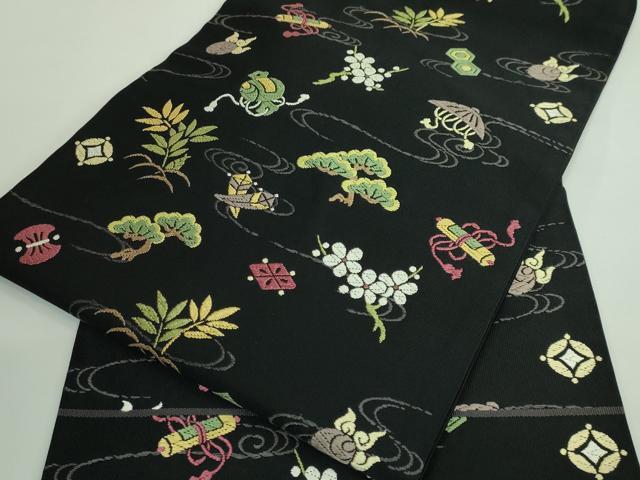 平和屋着物■極上　九寸名古屋帯　唐織　宝尽くし花文　黒地　逸品　DZAA9713kh5