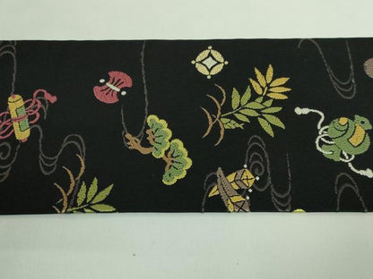 平和屋着物■極上　九寸名古屋帯　唐織　宝尽くし花文　黒地　逸品　DZAA9713kh5