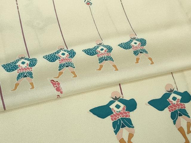 平和屋着物▽極上 訪問着 単衣 友禅 希少柄 日本の祭 竿燈祭 人物文 象牙色地 逸品 未使用 DZAA9835kh5