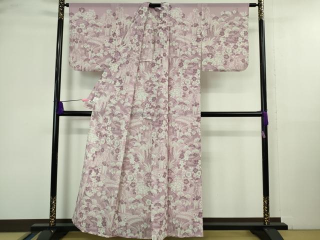平和屋着物＊極上 夏物 撫松庵 訪問着 紅梅織 渡橋風景花文 紅藤色地 セオアルファ 洗える着物 逸品 DZAA9848kh5