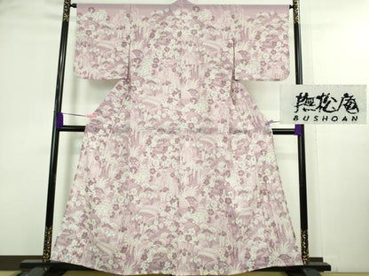 平和屋着物＊極上 夏物 撫松庵 訪問着 紅梅織 渡橋風景花文 紅藤色地 セオアルファ 洗える着物 逸品 DZAA9848kh5