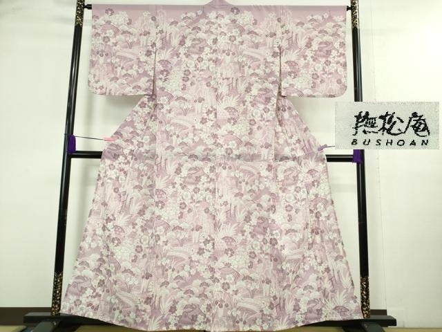 平和屋着物＊極上 夏物 撫松庵 訪問着 紅梅織 渡橋風景花文 紅藤色地 セオアルファ 洗える着物 逸品 DZAA9848kh5
