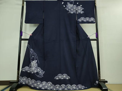 平和屋着物∴極上 夏物 浴衣 有松鳴海絞り 鯉の滝登り 青海波 濃紺地 綿 逸品 DZAA9858kh5