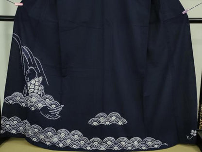 平和屋着物∴極上 夏物 浴衣 有松鳴海絞り 鯉の滝登り 青海波 濃紺地 綿 逸品 DZAA9858kh5