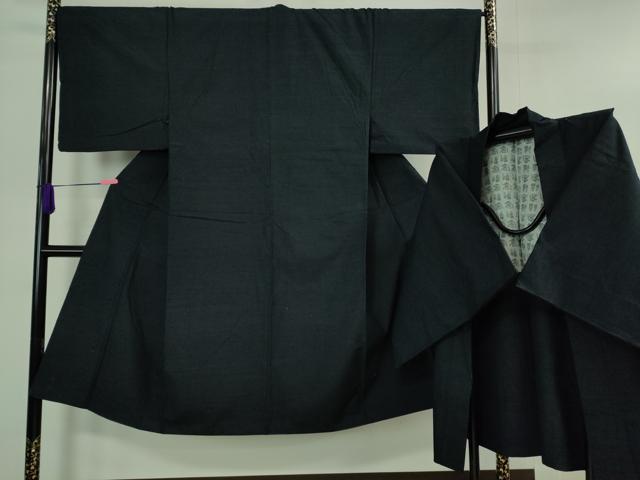 平和屋着物●極上　男性　紬　アンサンブル　色無地　濃藍色　逸品　DZAA9860kh5