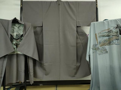 平和屋本店■極上　男性　お召　アンサンブル　長羽織・長襦袢(袷)セット　色無地　源治鼠色　逸品　未使用　DZAA9862kh5