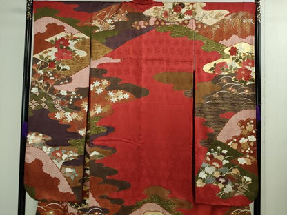 平和屋本店■極上　皇室献上作家　藤井寛　振袖　山路霞に百花の図　金彩　色紙付き　逸品　DZAA9890kh5