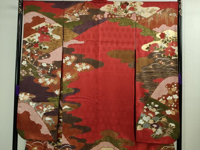 平和屋本店■極上　皇室献上作家　藤井寛　振袖　山路霞に百花の図　金彩　色紙付き　逸品　DZAA9890kh5