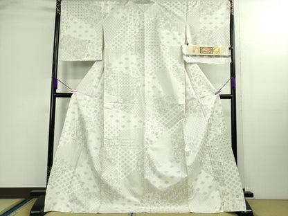 平和屋本店▽極上　本場縞大島紬　白大島　単衣　刺し子　総刺繍　名物裂花文　ロング丈　証紙付き　逸品　未使用　DZAA9895kh5