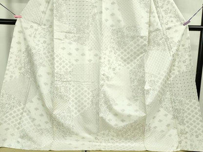 平和屋本店▽極上　本場縞大島紬　白大島　単衣　刺し子　総刺繍　名物裂花文　ロング丈　証紙付き　逸品　未使用　DZAA9895kh5