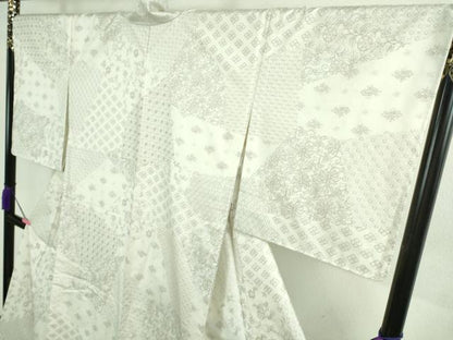 平和屋本店▽極上　本場縞大島紬　白大島　単衣　刺し子　総刺繍　名物裂花文　ロング丈　証紙付き　逸品　未使用　DZAA9895kh5