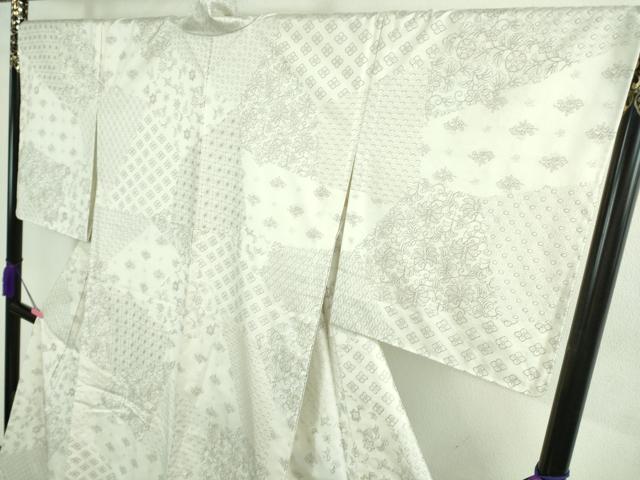 平和屋本店▽極上　本場縞大島紬　白大島　単衣　刺し子　総刺繍　名物裂花文　ロング丈　証紙付き　逸品　未使用　DZAA9895kh5