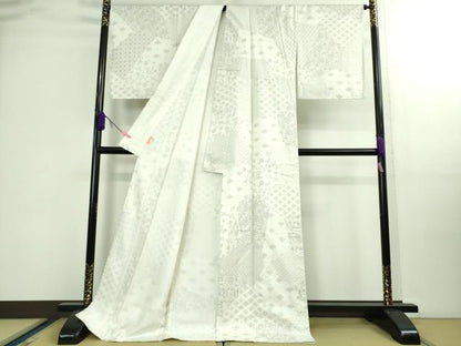 平和屋本店▽極上　本場縞大島紬　白大島　単衣　刺し子　総刺繍　名物裂花文　ロング丈　証紙付き　逸品　未使用　DZAA9895kh5