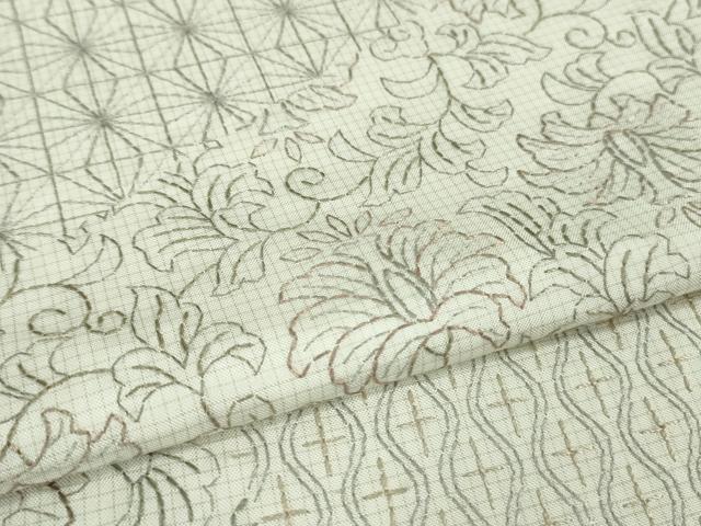 平和屋本店▽極上　本場縞大島紬　白大島　単衣　刺し子　総刺繍　名物裂花文　ロング丈　証紙付き　逸品　未使用　DZAA9895kh5
