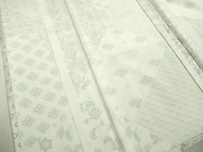 平和屋本店▽極上　本場縞大島紬　白大島　単衣　刺し子　総刺繍　名物裂花文　ロング丈　証紙付き　逸品　未使用　DZAA9895kh5