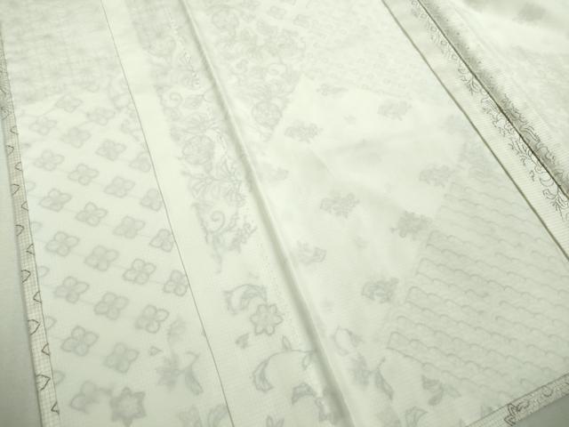 平和屋本店▽極上　本場縞大島紬　白大島　単衣　刺し子　総刺繍　名物裂花文　ロング丈　証紙付き　逸品　未使用　DZAA9895kh5