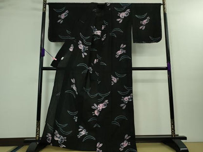 平和屋着物∴極上 夏物 浴衣 有松鳴海絞り 兎 ウサギ 黒地 綿 逸品 未使用 DZAA9942kh5