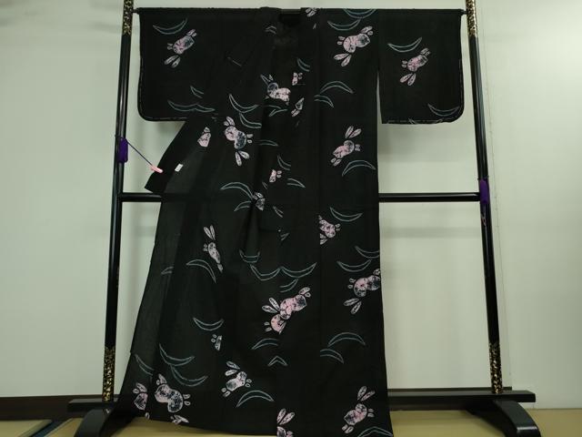 平和屋着物∴極上 夏物 浴衣 有松鳴海絞り 兎 ウサギ 黒地 綿 逸品 未使用 DZAA9942kh5