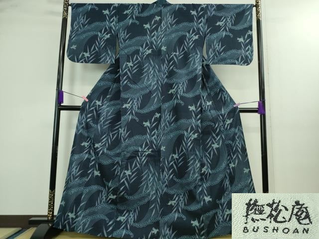 平和屋着物∴極上 夏物 浴衣 撫松庵 綿 枝垂れ柳立波鳥文 洗える着物 逸品 DZAA9951kh5