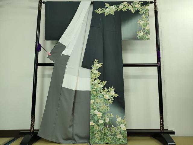 平和屋本店■極上　名門染元　秀美　十日町友禅　訪問着　草花文　藍鉄色地　暈し染め　逸品　未使用　DZAA9957kh5