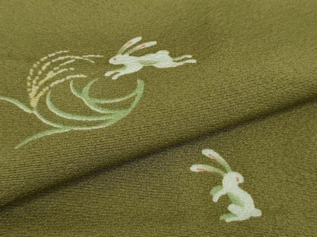 平和屋着物■極上　道中着　単衣　ロング丈　兎　ウサギ　芒　青朽葉色地　逸品　DZAA9982kh5