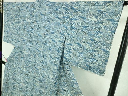 平和屋着物＊極上 夏物 本藍 型絵染 小紋 絽 風景花文 逸品 DZAA9985kh5