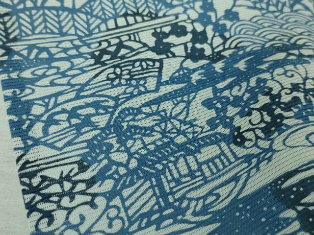 平和屋着物＊極上 夏物 本藍 型絵染 小紋 絽 風景花文 逸品 DZAA9985kh5