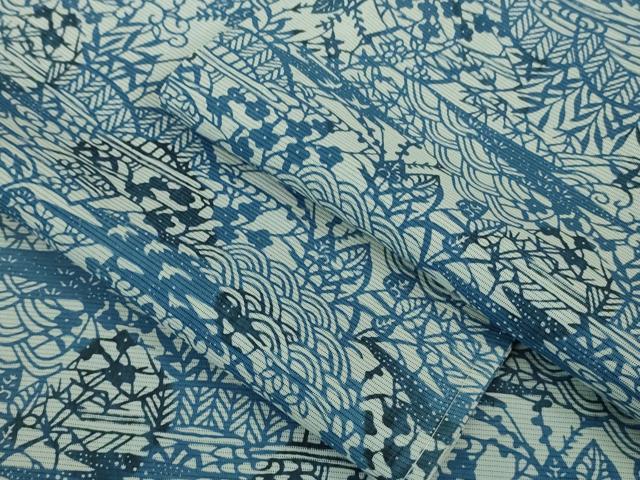 平和屋着物＊極上 夏物 本藍 型絵染 小紋 絽 風景花文 逸品 DZAA9985kh5