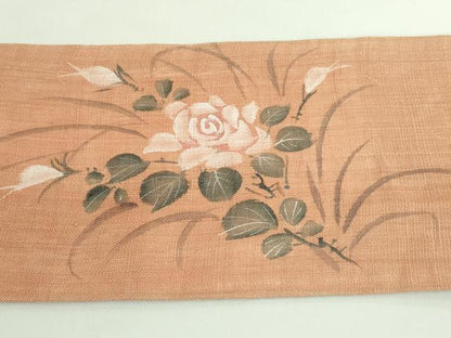 平和屋着物■極上　夏物　九寸名古屋帯　手描き　枝花文　薔薇　麻　逸品　DZAB0015kh5