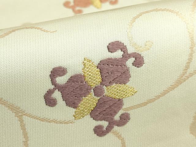 平和屋着物●九寸名古屋帯　唐織　花唐草文　金銀糸　正絹　逸品　CABD0784hy 平和屋着物○九寸名古屋帯 花織 型染め 唐草間道 正絹 逸品 DAAU6953ob