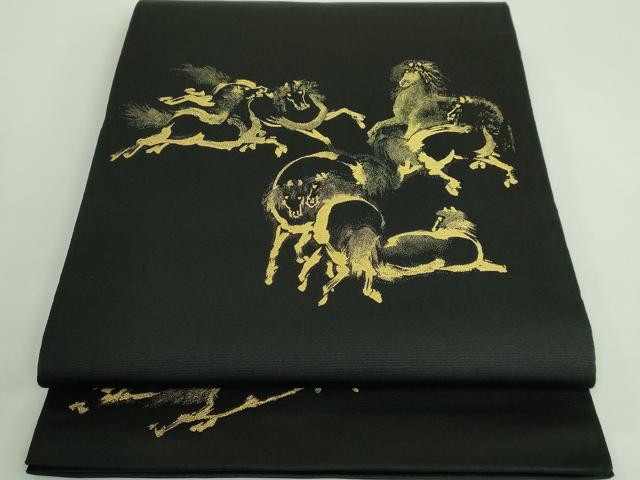 平和屋着物■極上　西陣　とみや織物謹製　とみや帯　太鼓柄袋帯　吉祥九頭馬　黒地　金糸　逸品　DZAB0035kh5