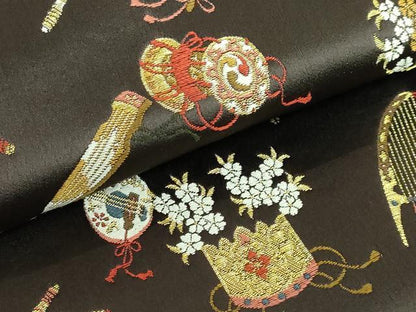 平和屋着物●極上 田中工芸織物 祥園謹製 つけ帯 唐織 楽器花文 赤墨色地 金糸 三越扱い 逸品 DZAB0038kh5