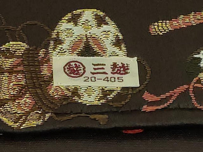 平和屋着物●極上 田中工芸織物 祥園謹製 つけ帯 唐織 楽器花文 赤墨色地 金糸 三越扱い 逸品 DZAB0038kh5
