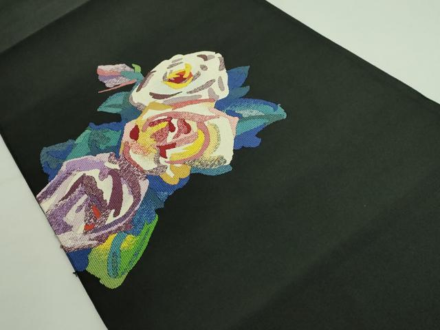 平和屋着物●極上 爪掻き本綴れ 八寸名古屋帯 薔薇 バラ 黒地 金銀糸 逸品 DZAB0046kh5