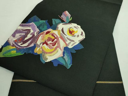平和屋着物●極上 爪掻き本綴れ 八寸名古屋帯 薔薇 バラ 黒地 金銀糸 逸品 DZAB0046kh5