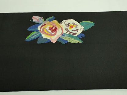 平和屋着物●極上 爪掻き本綴れ 八寸名古屋帯 薔薇 バラ 黒地 金銀糸 逸品 DZAB0046kh5