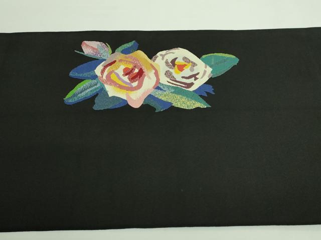 平和屋着物●極上 爪掻き本綴れ 八寸名古屋帯 薔薇 バラ 黒地 金銀糸 逸品 DZAB0046kh5